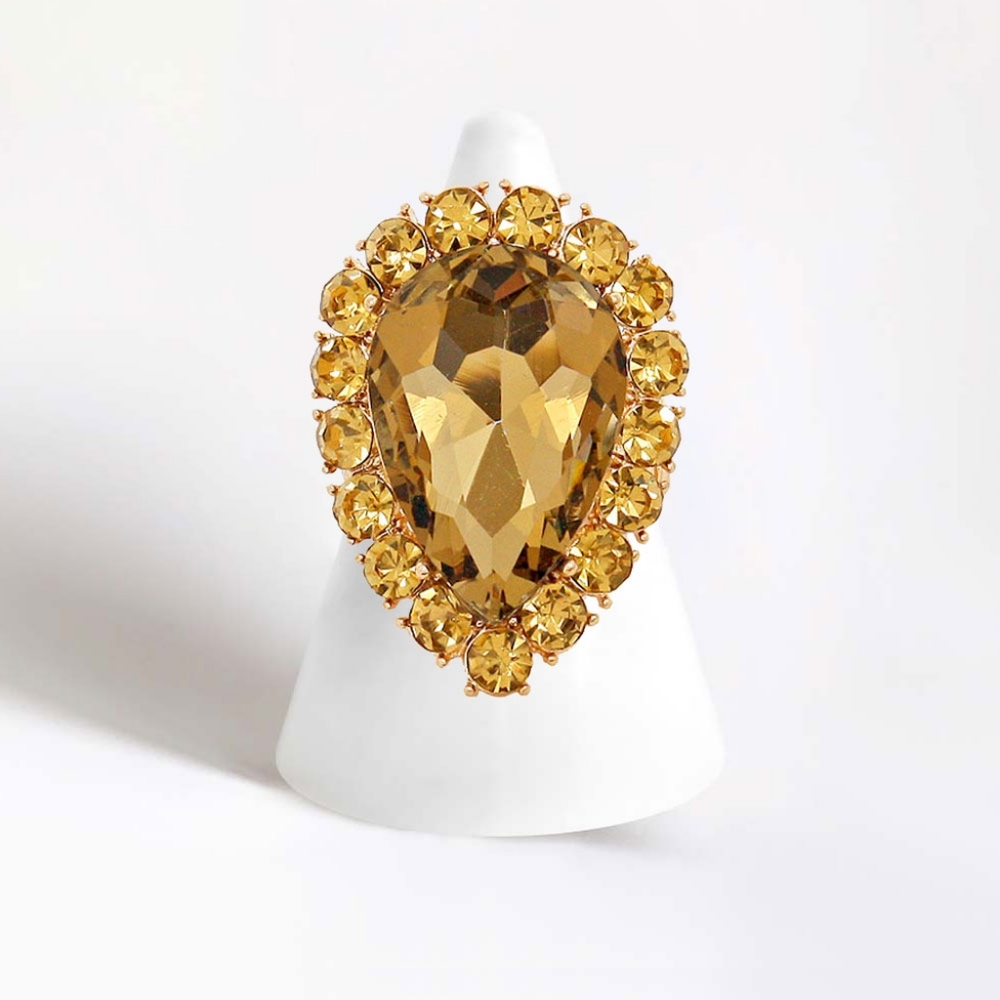 Brown Teardrop Stretch Rhinestone Crystal Cocktail Ring Finger Statement